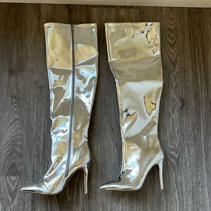 Silver shiny knee high boot